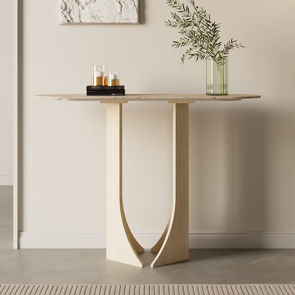 Japandi Oval Travertine Console Table