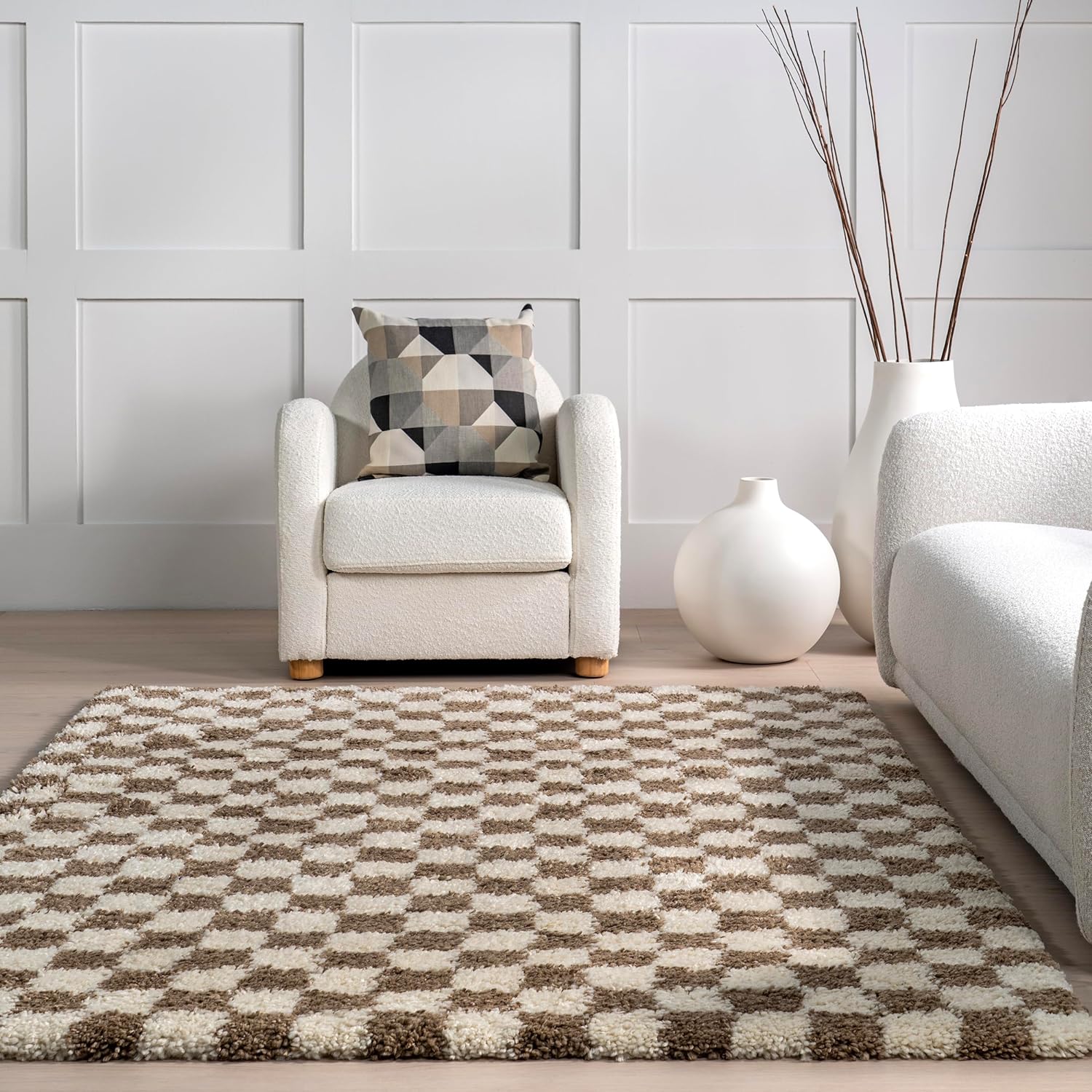 Japandi Checkered Shag Rug