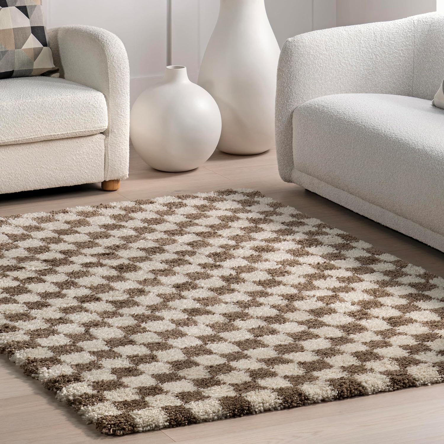 Japandi Checkered Shag Rug