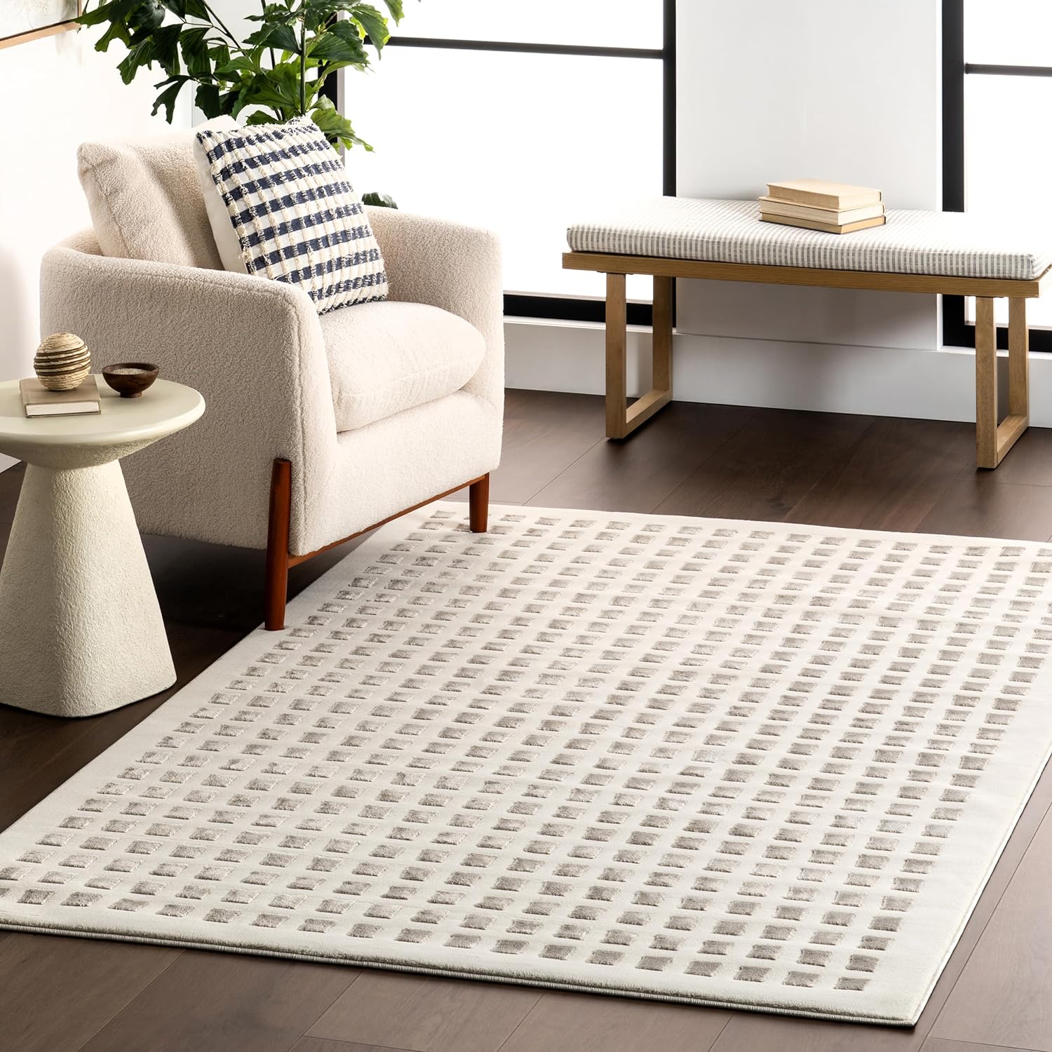 Japandi Cream & Grey Checkered Rug