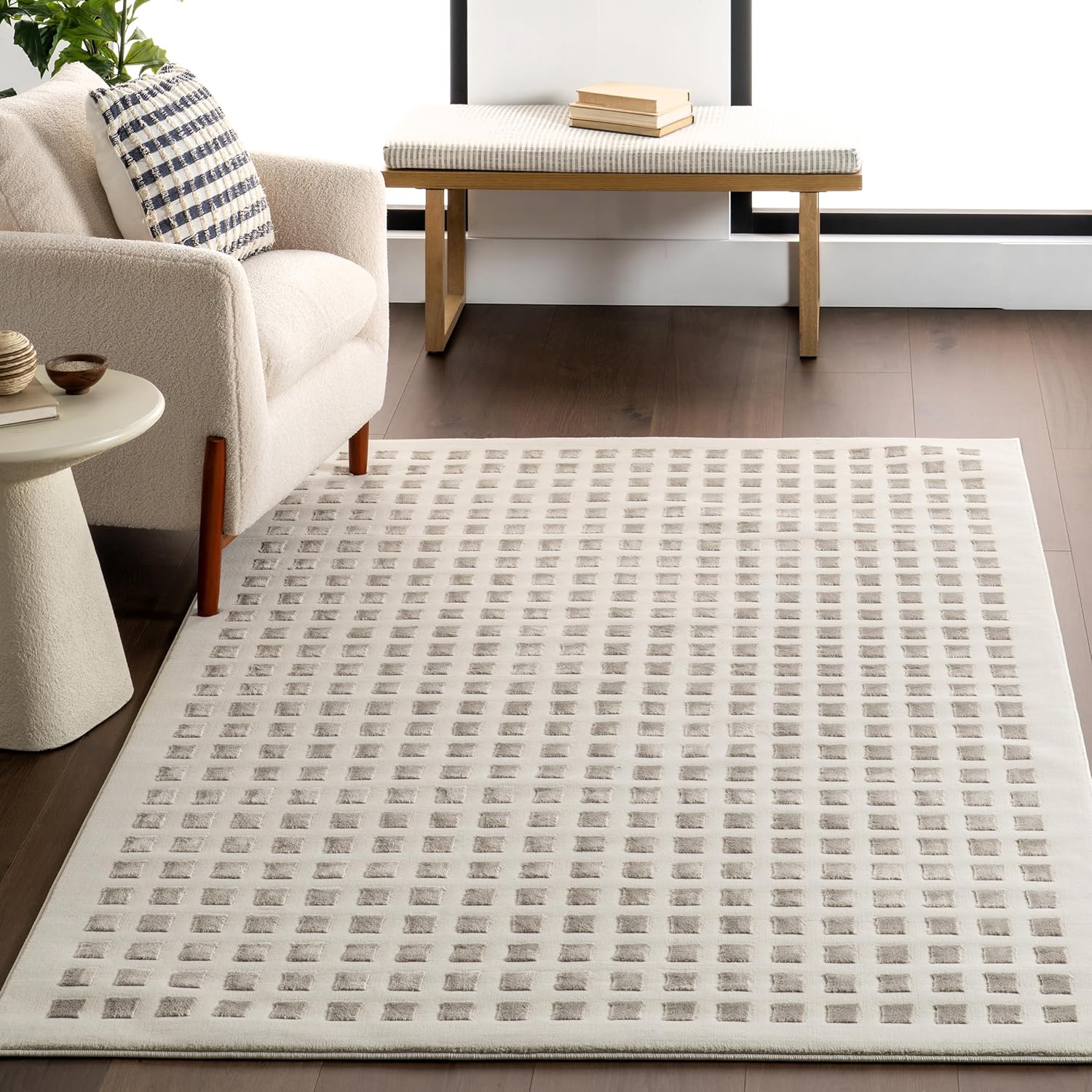 Japandi Cream & Grey Checkered Rug