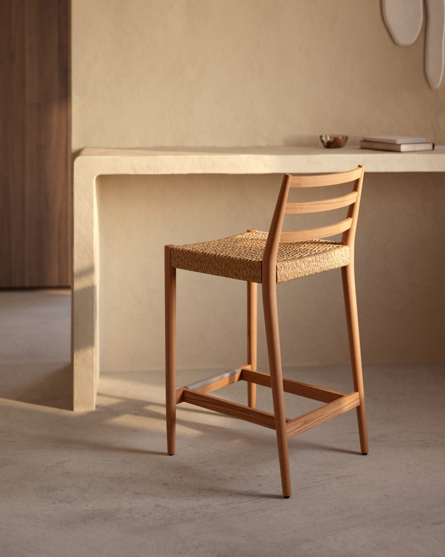 Japandi Wooden Stool Chair with Woven Rope Seat