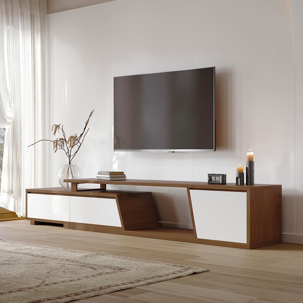 Japandi White & Walnut Extendable TV Stand